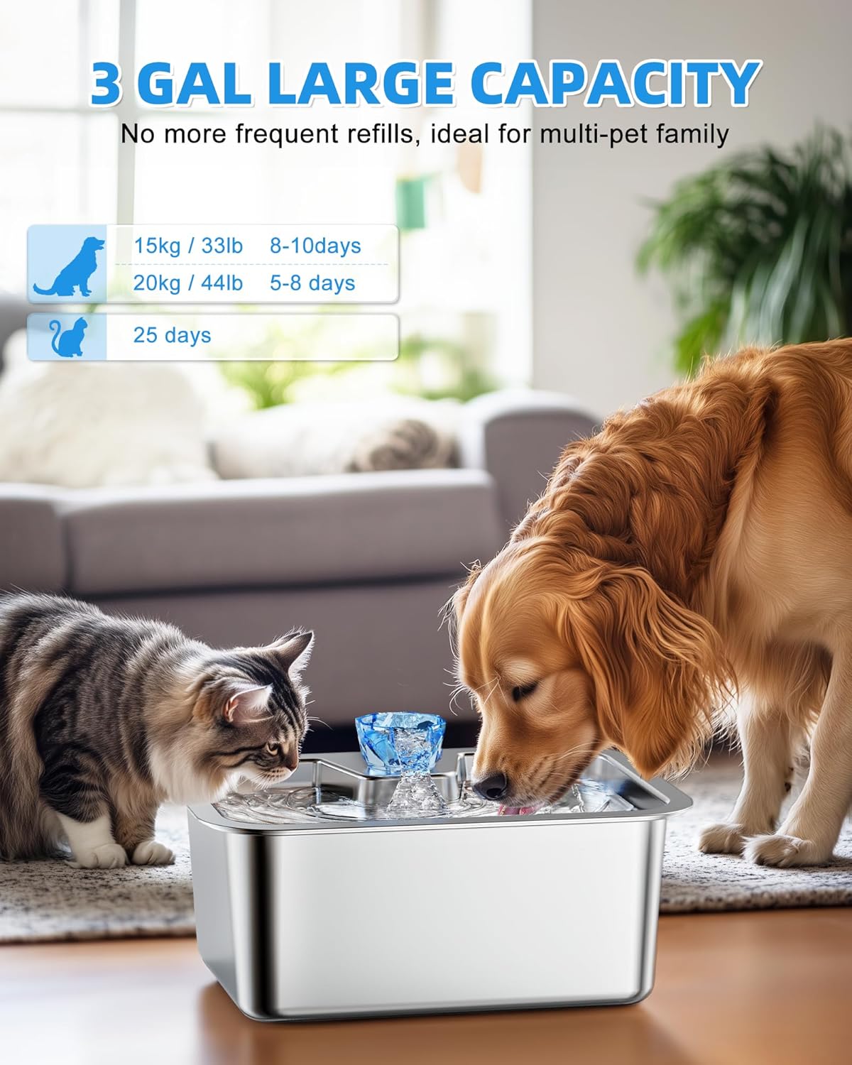 11L/3Galon Stainless Steel Large Pet Water Fountain with 4 Filters-1